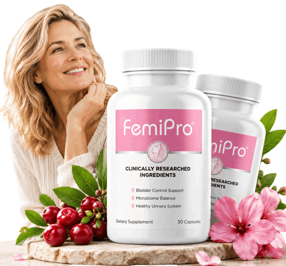 FemiPro natural bladder support supplement with confident smiling woman