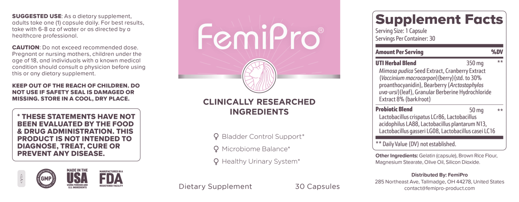 Official FemiPro bladder support supplement bottle label design