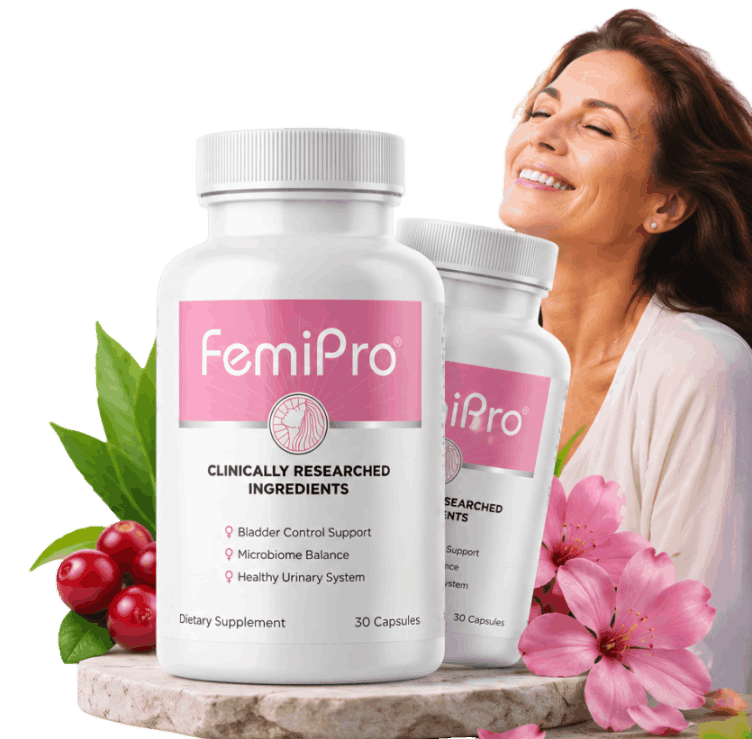 Women’s urinary wellness support with FemiPro supplement bottle