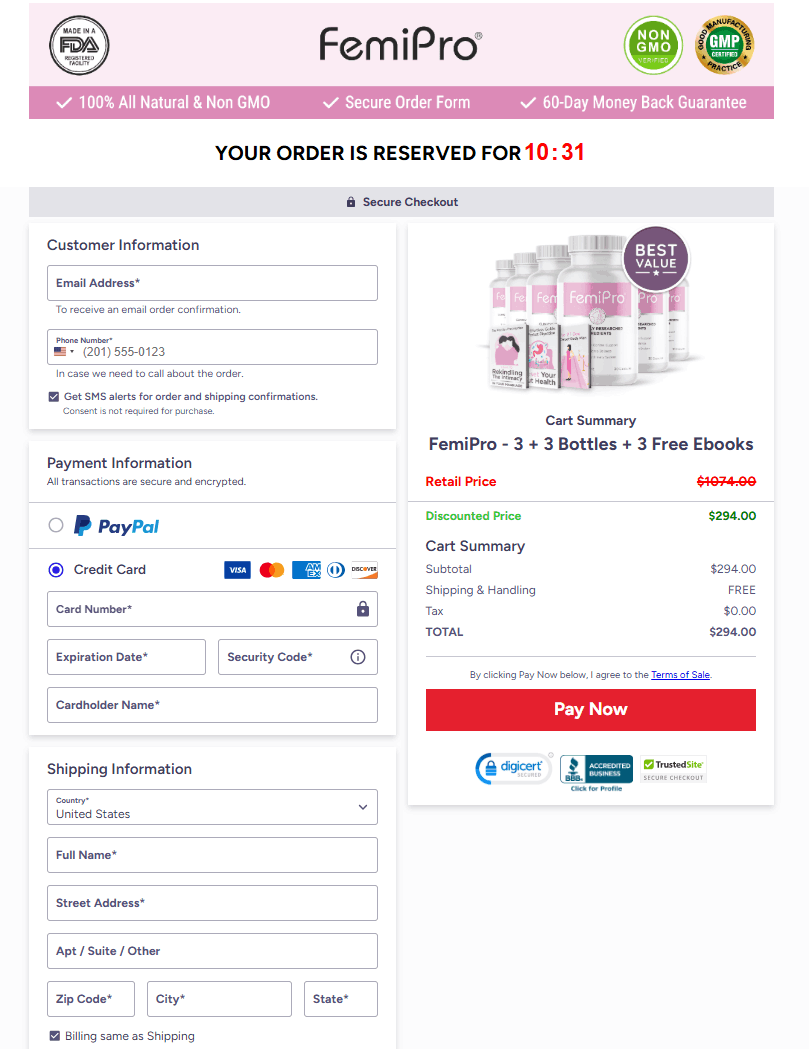 Secure official FemiPro checkout page with encrypted payment protection